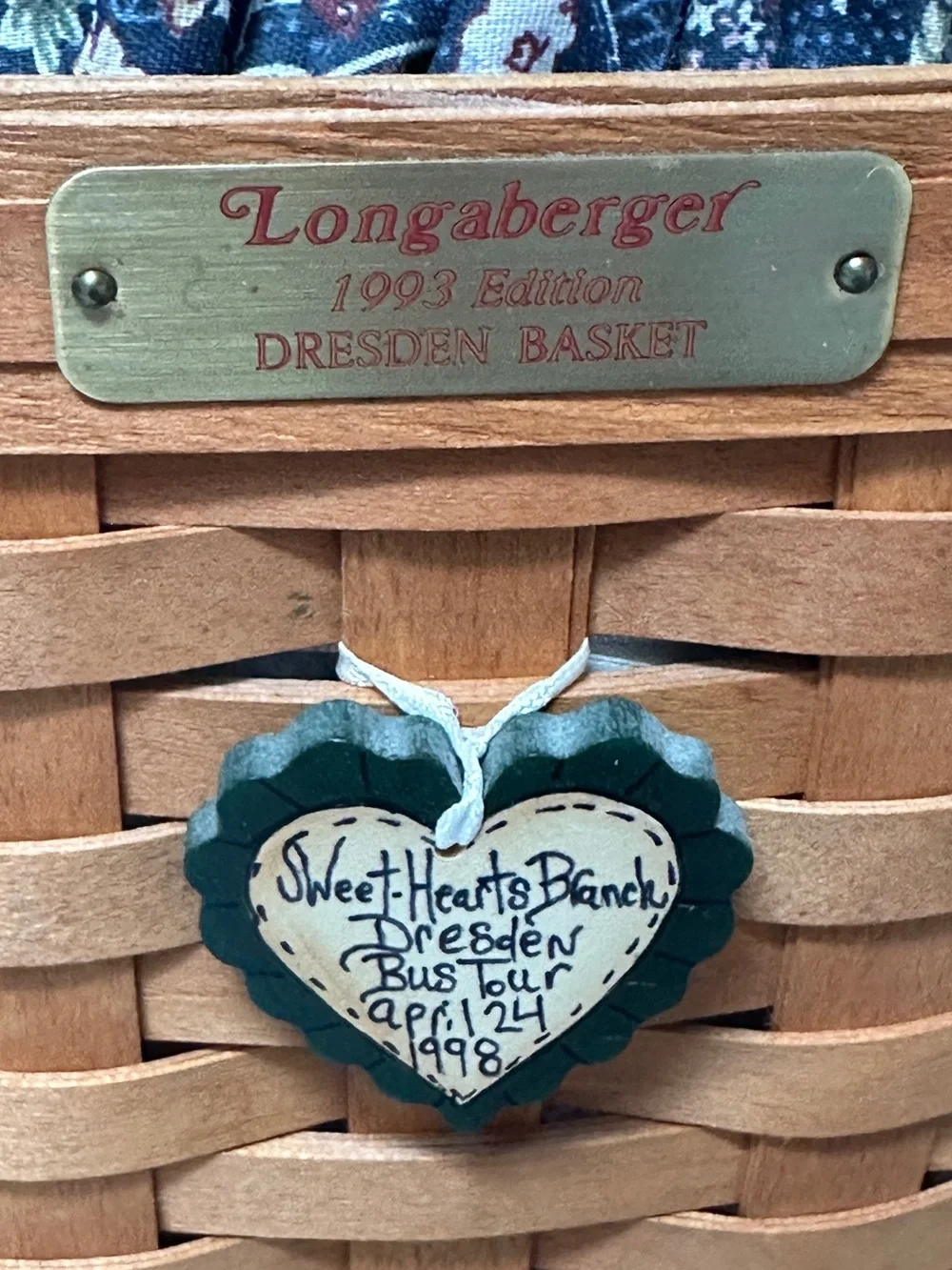 Longaberger 1993 basket w/ Dresden Bus Tour Basket April 1998 SIGNED by Ginny L.